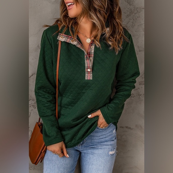 Tops - Plaid Snap Down Sweatshirt Green